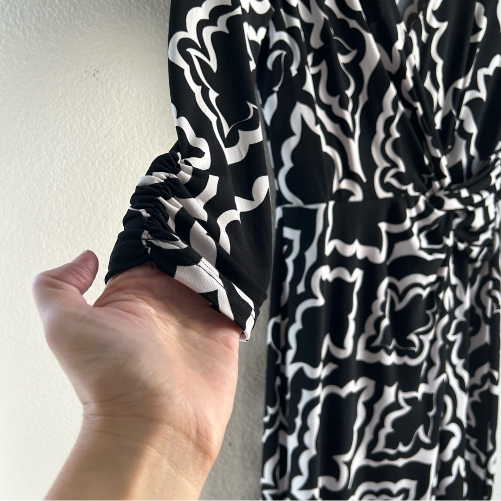 White House Black Market | Black and White Patterned Faux Wrap Mini Dress - Picture 5 of 8
